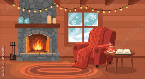 A cozy cabin interior with a fireplace and winter view