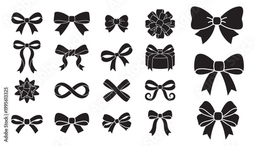 Decorative bow ribbon silhouette icon set for gift wrapping celebration holiday packaging and feminine design projects