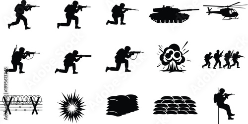 Military silhouettes soldiers vehicles and battlefield elements in black