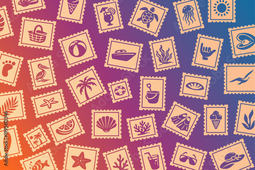 Vintage Summer Beach Postage Stamp Seamless Pattern, Tropical Vibes Repeat Background, Retro Beach Vacation Postal Stickers Tile Texture for Textile, Wallpaper, Wrapping, Banner,  Print