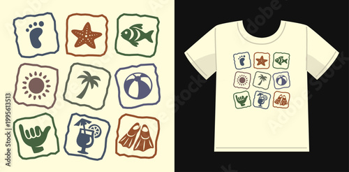 Retro Summer Beach Fun Icon Set Flat Vector Illustration, Tropical Themed elements with Footprint, Starfish, Palm Tree, Beachball, Diving Fins, Cocktail for T-Shirt Print, Poster, Coastal Design