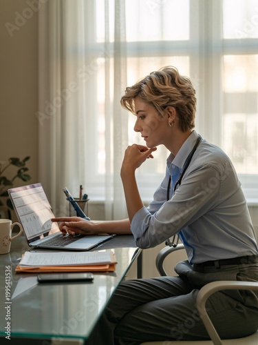 Female doctor pointing at laptop screen in office setting