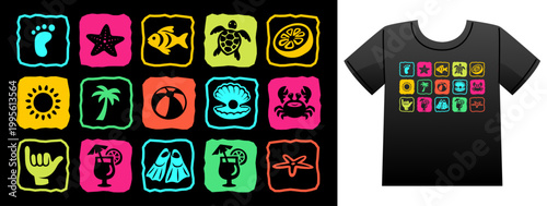 Retro Summer Beach Fun Icon Set Flat Vector Illustration, Tropical Themed elements with Crab, Pearl, Shaka Hand Sign, Diving Fins for T-Shirt Print, Poster, Coastal Design