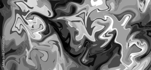 A grayscale abstract art piece featuring swirling patterns and shapes.
