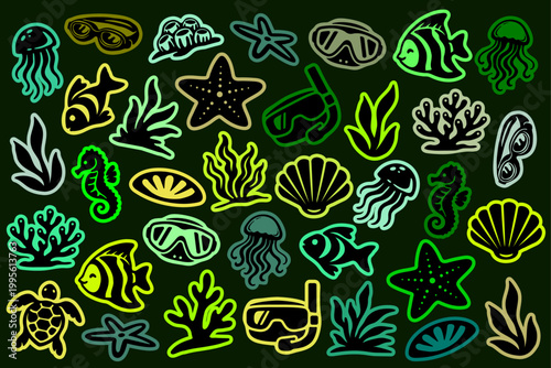 Marine Life Icons Seamless Pattern Background, Retro Hand-Drawn Underwater Diving Flat Vector Doodle Illustration for T-shirt, Textile, Wallpaper, Wrapping, Banner, Web, Print and Advertising Design