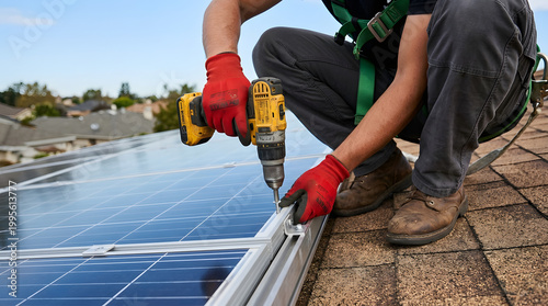Installation of Solar Panels: An expert technician meticulously installs solar panels on a rooftop, symbolizing sustainable energy and eco-conscious innovation.
