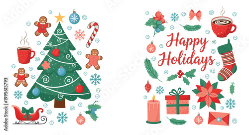 Happy Holidays Christmas greeting card set with decorated tree gingerbread sleigh stocking candle poinsettia gift and ornament flat style vector illustration