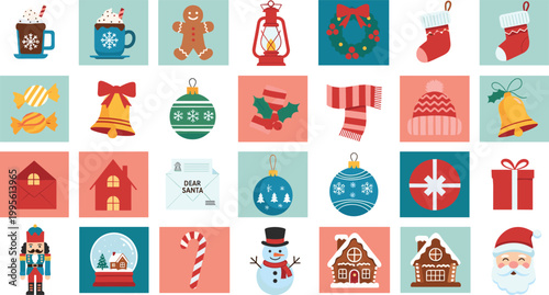 Christmas advent calendar icon collection featuring Santa snowman nutcracker gingerbread house stocking ornament bell cocoa and gift flat style vector illustration