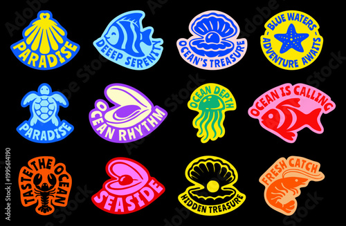 Retro Marine Life Sticker Set, Vintage Ocean Wildlife Badges with Fish, Turtle, Jellyfish, Lobster, Shell, Pearl, Starfish Flat Vector for  T-Shirt Print, Beachwear, Summer Logo, Coastal Design