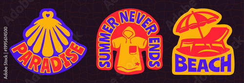 Retro Summer Beach Sticker Pack with Seashell, Changing Poncho, Sun Lounge, Vintage Bold Tropical Vector Flat Illustrations Set for t-shirt prints, beachwear design, summer logo, and coastal branding