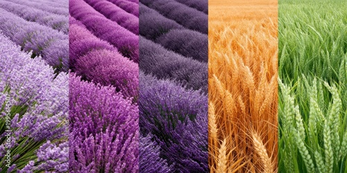 Five panel agricultural collage of lavender wheat and green grain fields with closeup texture for nature landscape banner and background design