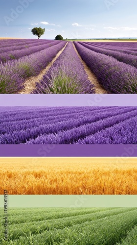 Lavender and wheat field landscape with rows of purple blooms and green grasses for nature background banner and wallpaper