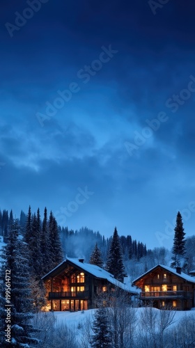 Snowy mountain cabins at twilight with illuminated interiors among pine trees for vertical winter wallpaper and cozy chalet background