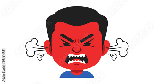 Angry Boy Face Cartoon Illustration with Steam from Ears and Copy Space