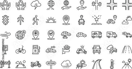Environmentally Friendly Logistics and Smart Transportation Icon Set featuring Eco Friendly Navigation, Renewable Energy, Electric Vehicle Shipping, Sustainable Delivery, and Modern Road Traffic Symb