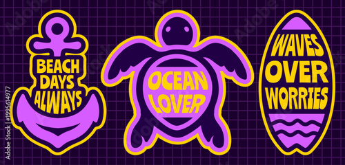 Beach Quote Sticker Set with Anchor, Sea Turtle, Surfboard, Vintage Badges with “Beach Days Always” “Ocean Lover” “Waves Over Worries”, Retro Summer Flat Vector Illustration for T-Shirt Print, Poster