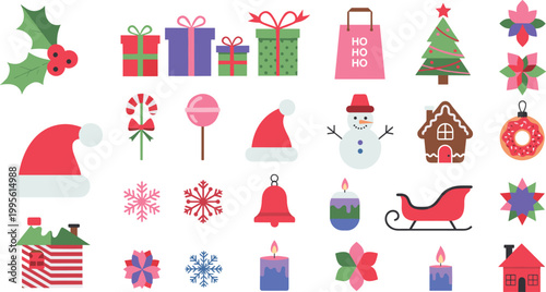 Colorful Christmas holiday icons collection featuring Santa hat snowman sleigh gingerbread house gift candy bell candle and snowflake vector illustration set