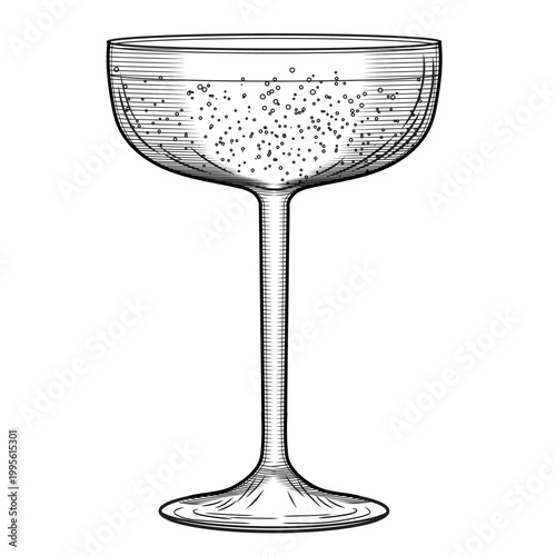 Wide coupe champagne glass, hand drawn vector illustration in line art style. Retro cabaret sparkling wine sketch. Flirty festive drink. Vintage engraving for bars and menus.