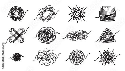 Tangled scribble line knot spiral and geometric pattern set representing chaos complexity and confusion for concept design