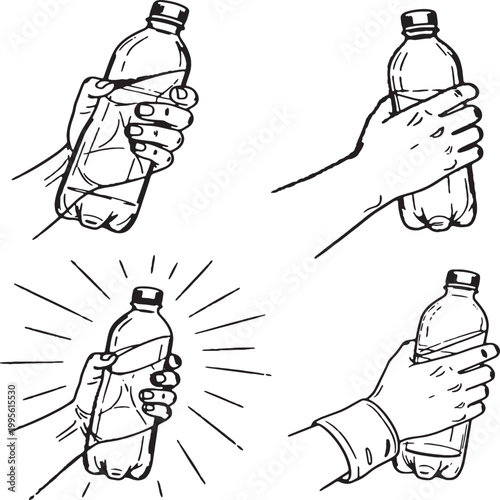Illustrations of hands holding a plastic water bottle in various poses, showcasing different grips and actions