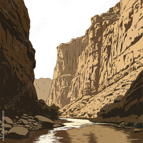A digitally illustrated canyon scene features towering rock formations and a winding river flowing through a narrow gorge high quality professional detailed modern elegant stylish clean
