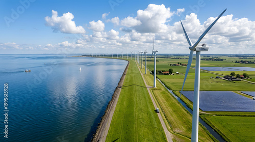 Harnessing the Wind: A panorama of wind turbines elegantly placed along a verdant expanse. These majestic structures stand as a testament to the pursuit of clean energy.