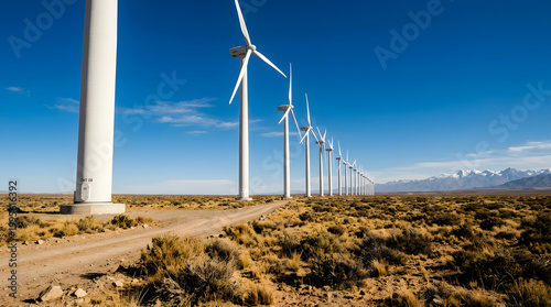 Harnessing Wind's Power: A line of massive wind turbines stands tall against a vast blue sky, capturing the raw energy of the wind and heralding a future of clean energy. 
