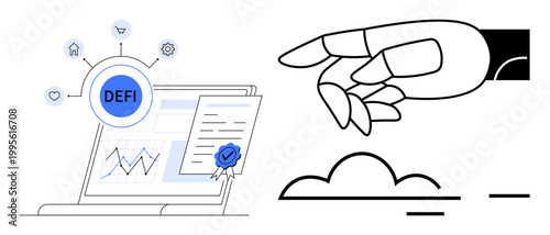 Blockchain, fintech, automation, digital certification, decentralized finance, smart contracts. A robotic hand points at a cloud alongside a DeFi laptop setup. Blockchain and fintech concepts
