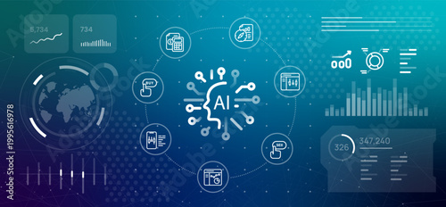 Artificial intelligence AI trading dashboard concept financial icons for automated buying and selling on global stock market analytical charts for professional investors in futuristic blue technology