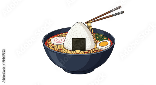 Delicious japanese ramen bowl with onigiri and chopsticks illustration