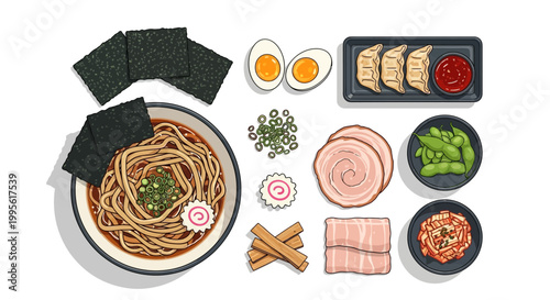 Delicious japanese ramen dish with assorted ingredients on white background