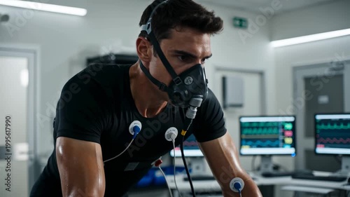 Young adult male athlete undergoing VO2 max testing with oxygen mask and heart rate monitors in clinical lab, cardiovascular performance and sports science research