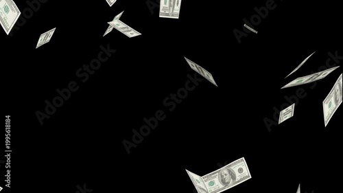 falling us dollar bills money rain loopable, american 100 dollar banknotes flying, money rain financial success concept 4k loopable overlay alpha channel.