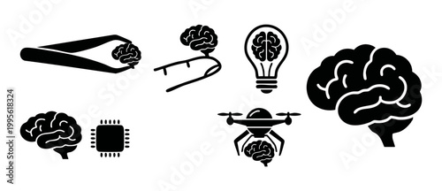 Human Brain Icon Set, Artificial Intelligence Technology Symbols, Creative Thinking and Innovation Vector Collection, Science Research Icons, Neurology and Neural Network Concepts, Digital Mind Tech I