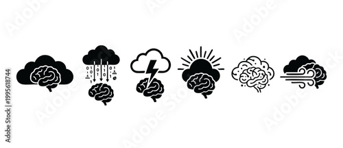 Brain Weather Icons Set, Cloud and Mind Mental Health Concepts, Cognitive Processing and Mood Symbols, Human Intelligence and Psychology Graphic Elements for Creative Design, Data Flow and Stormy Thou