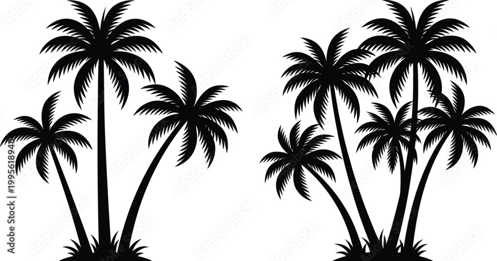 Fototapeta premium Black palm tree silhouettes set featuring tropical coconut trees and exotic island foliage for summer beach vacation themes and travel destination design projects