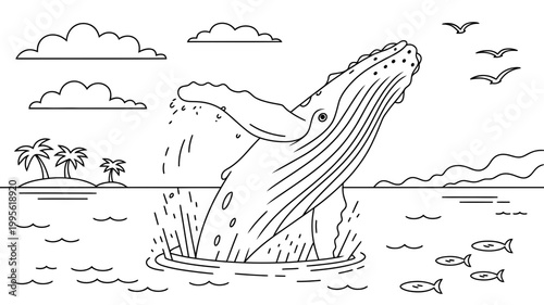 Humpback whale breaching in the ocean tropical island in background line art illustration palm tree
