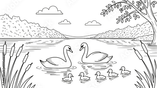 Black and white line drawing of swans and ducklings swimming on a lake with reeds and trees, ducklings