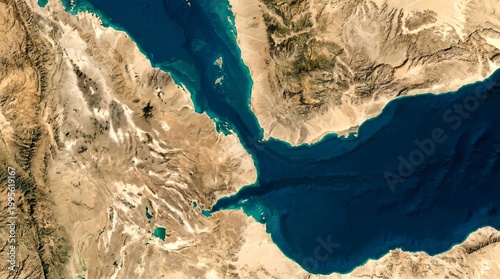High resolution satellite view of the Bab al-Mandab Strait connecting the Red Sea to the Gulf of Aden