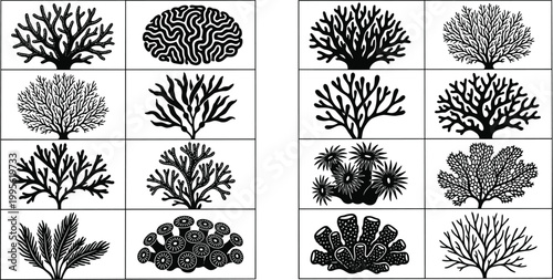 Collection of underwater coral reef silhouettes featuring various species of sea plants anemones and marine flora for ocean environment conservation and biology concepts