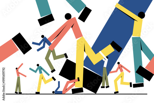Conceptual illustration of oversized figures dominating smaller people in a chaotic scene, symbolizing power imbalance, competition, inequality, and social pressure