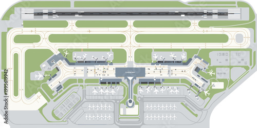 Airport Layout Map with Runway, Terminal, Gates, Parking, and Aircraft for Aviation, Travel, and Airport Design
