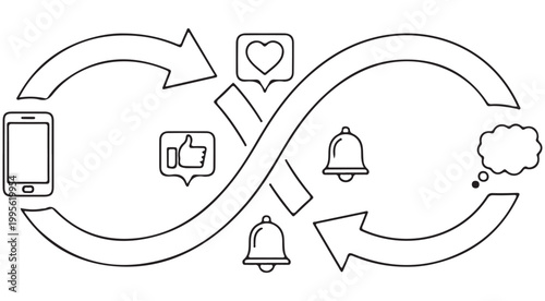 Social media addiction infinity loop with smartphone icons isolated on white background line art