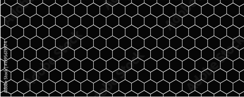 Black seamless hexagon pattern. Repeating honeycomb texture background. Geometric hexagonal halftone tech overlay backdrop. Abstract repeated hex texture. Vector retro technology dot wallpaper