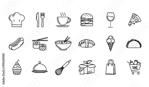 Restaurant menu line icon vector set with food dining fork knife and cafe symbols editable stroke