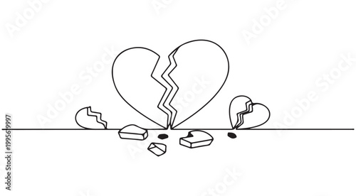 Continuous line drawing of a broken heart with shattered pieces isolated on white background vector illustration