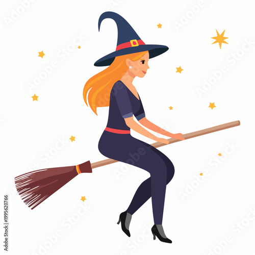 Witch Flying on a Broomstick with Stars