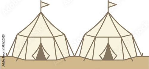 Two elegant beige tents with flags atop stand side-by-side on a sandy surface, suggesting an outdoor event or festival setting