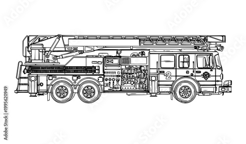Foto Detailed fire truck line art vector with ladder engine and mechanical structure