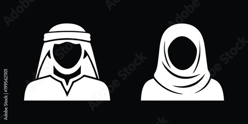 Muslim Man and woman in islamic clothing avatar silhouette vector icon set.